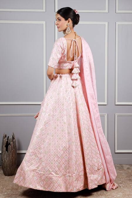 Shop Kohsh Pink Silk, Chiffon Embroidery, Sequins V-neck Geometric Lehenga Set at Aza Fashions Shop_Kohsh_Pink Silk, Chiffon Embroidery, Sequins V-neck Geometric Lehenga Set_at_Aza_Fashions