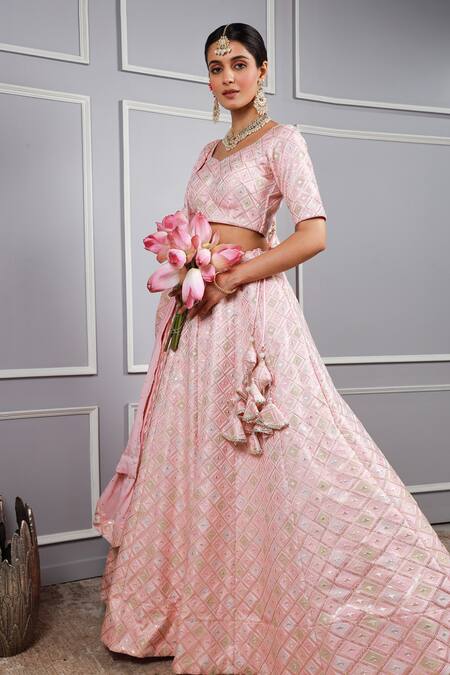 Kohsh Pink Silk, Chiffon Embroidery, Sequins V-neck Geometric Lehenga Set Online at Aza Fashions Kohsh_Pink Silk, Chiffon Embroidery, Sequins V-neck Geometric Lehenga Set_Online_at_Aza_Fashions