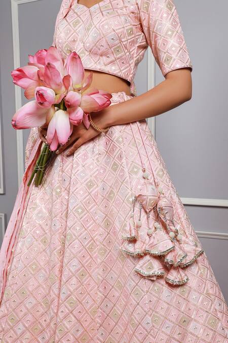 Buy Kohsh Pink Silk, Chiffon Embroidery, Sequins V-neck Geometric Lehenga Set Online at Aza Fashions Buy_Kohsh_Pink Silk, Chiffon Embroidery, Sequins V-neck Geometric Lehenga Set_Online_at_Aza_Fashions