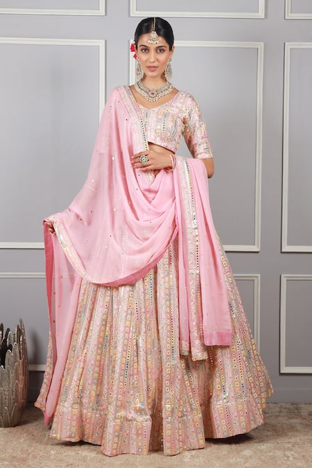 Kohsh Pink Georgette Embroidered Thread Stripe Mirrorwork Embellished Lehenga Set 