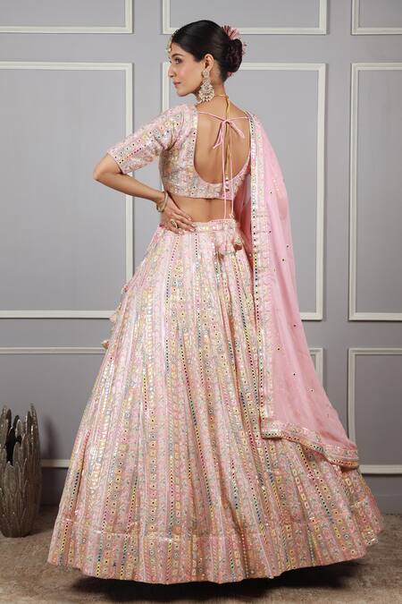 Shop Kohsh Pink Georgette Mirrors, Embroidery Stripe Mirrorwork Embellished Lehenga Set at Aza Fashions Shop_Kohsh_Pink Georgette Mirrors, Embroidery Stripe Mirrorwork Embellished Lehenga Set_at_Aza_Fashions