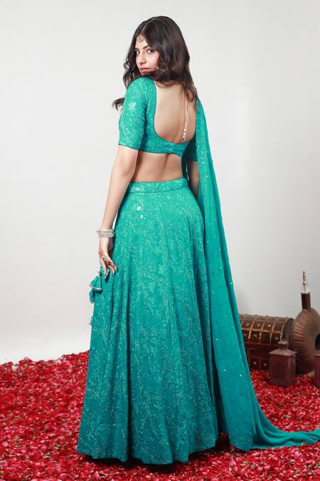 Shop_Kohsh_Green Georgette Embroidery V-neck Floral Vine Lehenga Set_at_Aza_Fashions