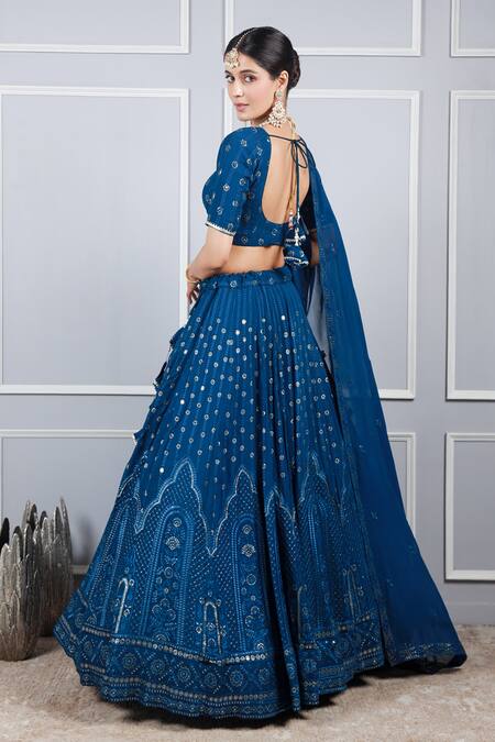 Shop Kohsh Blue Georgette Sequins, Embroidery V-neck Jaal Resham Lehenga Set at Aza Fashions Shop_Kohsh_Blue Georgette Sequins, Embroidery V-neck Jaal Resham Lehenga Set_at_Aza_Fashions