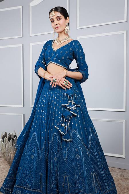 Kohsh Blue Georgette Sequins, Embroidery V-neck Jaal Resham Lehenga Set Online at Aza Fashions Kohsh_Blue Georgette Sequins, Embroidery V-neck Jaal Resham Lehenga Set_Online_at_Aza_Fashions
