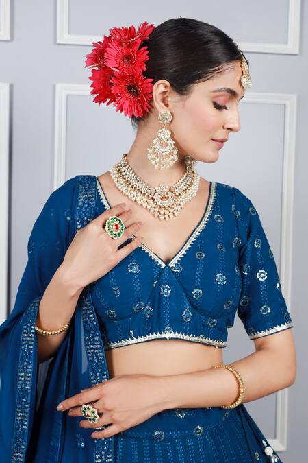 Buy Kohsh Blue Georgette Sequins, Embroidery V-neck Jaal Resham Lehenga Set Online at Aza Fashions Buy_Kohsh_Blue Georgette Sequins, Embroidery V-neck Jaal Resham Lehenga Set_Online_at_Aza_Fashions