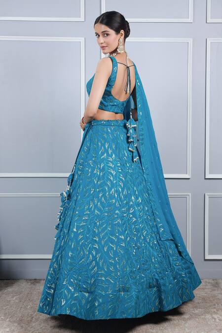 Shop Kohsh Blue Georgette Sequins, Embroidery V-neck Foliage Lehenga Set at Aza Fashions Shop_Kohsh_Blue Georgette Sequins, Embroidery V-neck Foliage Lehenga Set_at_Aza_Fashions