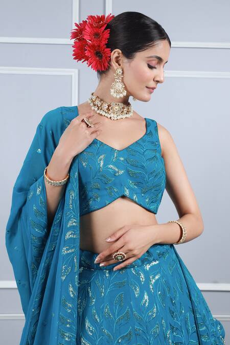 Kohsh Blue Georgette Sequins, Embroidery V-neck Foliage Lehenga Set Online at Aza Fashions Kohsh_Blue Georgette Sequins, Embroidery V-neck Foliage Lehenga Set_Online_at_Aza_Fashions