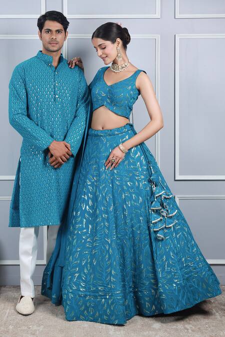 Shop Kohsh Blue Georgette Sequins, Embroidery V-neck Foliage Lehenga Set Online at Aza Fashions Shop_Kohsh_Blue Georgette Sequins, Embroidery V-neck Foliage Lehenga Set_Online_at_Aza_Fashions