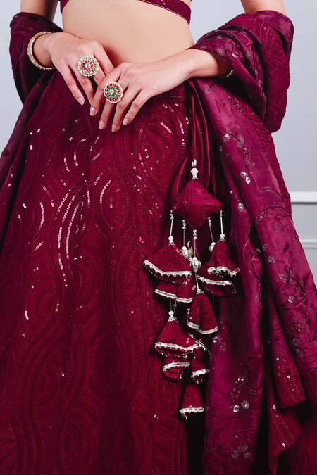 Buy Kohsh Wine Georgette, Organza Sequins Square Neck Wave Embroidered Lehenga Set Online at Aza Fashions Buy_Kohsh_Wine Georgette, Organza Sequins Square Neck Wave Embroidered Lehenga Set_Online_at_Aza_Fashions