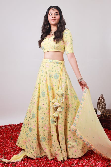 Kohsh Yellow Georgette Embroidered Sequin V-neck Blossom Lehenga Set  