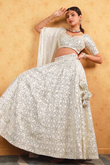 Kohsh_White Georgette Sequins V-neck Blossom Embroidered Lehenga Set_Online_at_Aza_Fashions