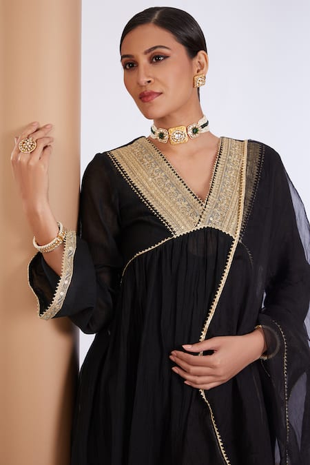 Buy_Neha Khullar_Black Chanderi Silk, Organza, Linen Zari, Sequins, Embroidery Anarkali Pant Set _Online_at_Aza_Fashions