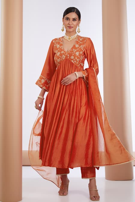 Neha Khullar Orange Chanderi Silk Embroidered Zari V Neck Floral Anarkali Pant Set 