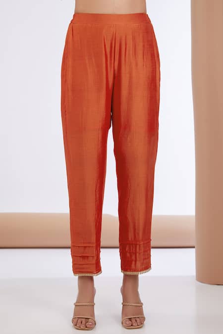 Buy_Neha Khullar_Orange Chanderi Silk, Organza, Linen Embroidery, Floral Anarkali Pant Set _Online_at_Aza_Fashions