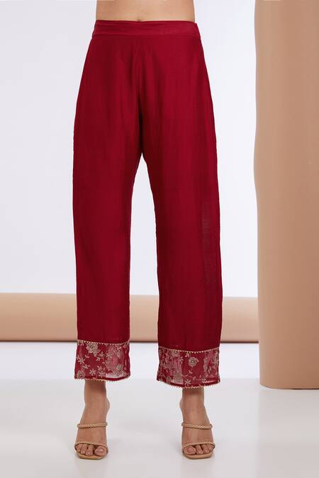 Neha Khullar_Red Chanderi Silk, Organza Sequins, Zari, Embroidery Floral Anarkali Pant Set _Online_at_Aza_Fashions