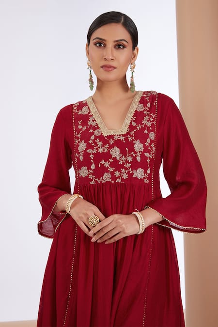 Buy_Neha Khullar_Red Chanderi Silk, Organza Sequins, Zari, Embroidery Floral Anarkali Pant Set _Online_at_Aza_Fashions