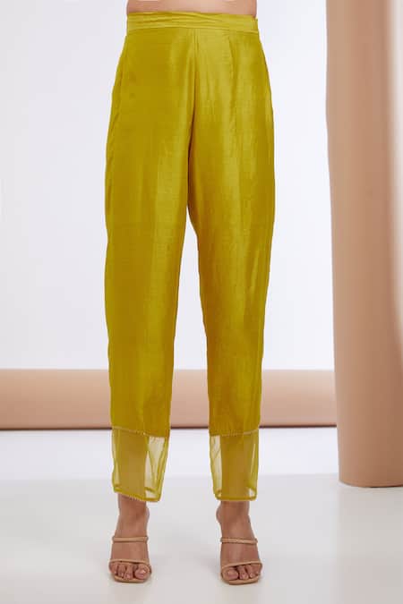Neha Khullar_Yellow Chanderi Silk, Organza, Linen Floral Embroidered Anarkali Pant Set _Online_at_Aza_Fashions
