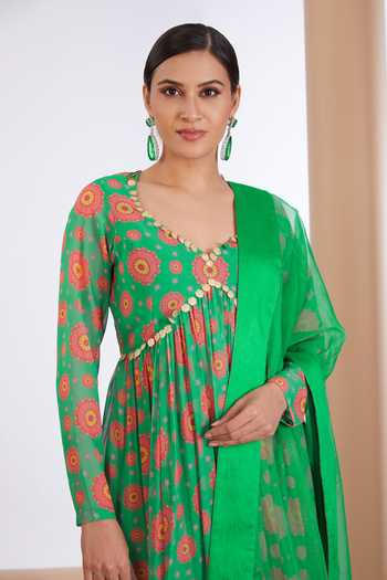 Buy_Neha Khullar_Green Georgette, Organza Embroidery Floral Print Anarkali Set With Dupatta _Online_at_Aza_Fashions