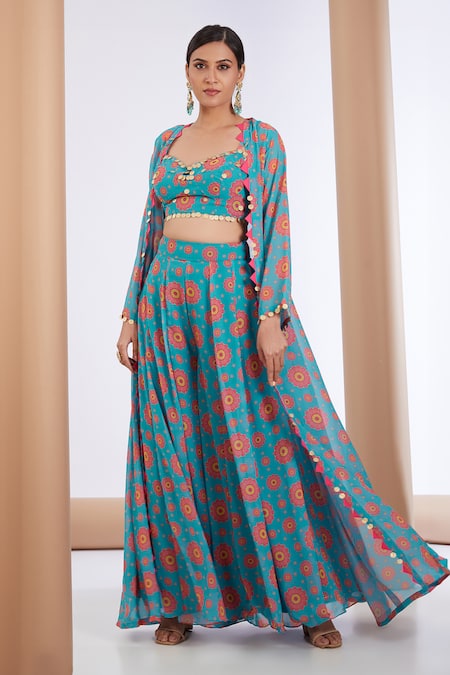 Neha Khullar Blue Georgette Printed Floral Sweetheart Longline Cape Sharara Set 