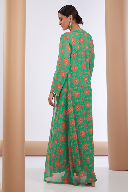Shop Neha Khullar Green Georgette, Organza Embroidery, Sequins Floral Print Cape Sharara Set at Aza Fashions Shop_Neha Khullar_Green Georgette, Organza Embroidery, Sequins Floral Print Cape Sharara Set _at_Aza_Fashions