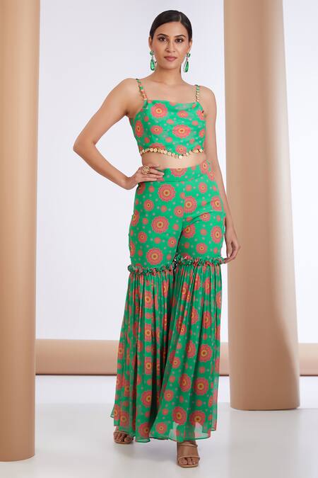 Neha Khullar Green Georgette, Organza Embroidery, Sequins Floral Print Cape Sharara Set Online at Aza Fashions Neha Khullar_Green Georgette, Organza Embroidery, Sequins Floral Print Cape Sharara Set _Online_at_Aza_Fashions