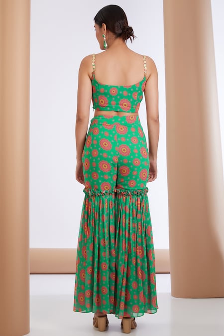 Buy Neha Khullar Green Georgette, Organza Embroidery, Sequins Floral Print Cape Sharara Set Online at Aza Fashions Buy_Neha Khullar_Green Georgette, Organza Embroidery, Sequins Floral Print Cape Sharara Set _Online_at_Aza_Fashions