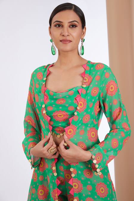 Shop Neha Khullar Green Georgette, Organza Embroidery, Sequins Floral Print Cape Sharara Set Online at Aza Fashions Shop_Neha Khullar_Green Georgette, Organza Embroidery, Sequins Floral Print Cape Sharara Set _Online_at_Aza_Fashions