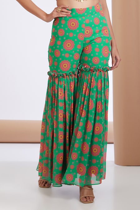 Neha Khullar Green Georgette, Organza Embroidery, Sequins Floral Print Cape Sharara Set at Aza Fashions Neha Khullar_Green Georgette, Organza Embroidery, Sequins Floral Print Cape Sharara Set _at_Aza_Fashions