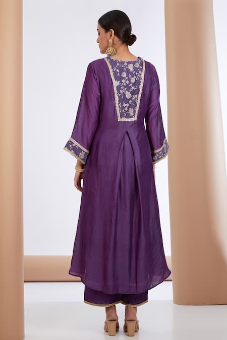 Shop Neha Khullar Purple Chanderi Embroidery, Zari, Sequins V-neck Floral Work Anarkali Pant Set at Aza Fashions Shop_Neha Khullar_Purple Chanderi Embroidery, Zari, Sequins V-neck Floral Work Anarkali Pant Set _at_Aza_Fashions