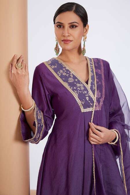 Buy Neha Khullar Purple Chanderi Embroidery, Zari, Sequins V-neck Floral Work Anarkali Pant Set Online at Aza Fashions Buy_Neha Khullar_Purple Chanderi Embroidery, Zari, Sequins V-neck Floral Work Anarkali Pant Set _Online_at_Aza_Fashions