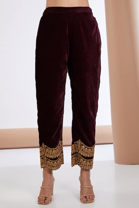 Neha Khullar Wine Velvet, Chiffon Embroidery V-neck Kurta Pant Set Online at Aza Fashions Neha Khullar_Wine Velvet, Chiffon Embroidery V-neck Kurta Pant Set _Online_at_Aza_Fashions