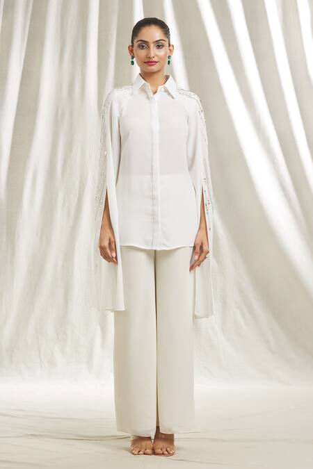 Buy_Shivani Awasty_Ivory Georgette Sequins, Stones Collared Embroidered Cape Sleeve Shirt _Online_at_Aza_Fashions