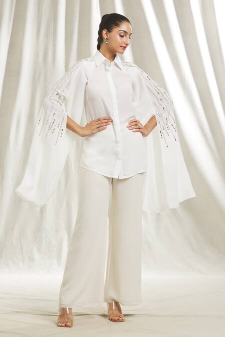 Shop_Shivani Awasty_Ivory Georgette Sequins, Stones Collared Embroidered Cape Sleeve Shirt _Online_at_Aza_Fashions