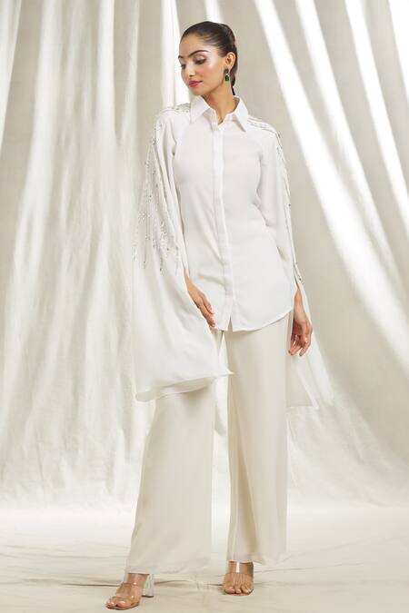 Shivani Awasty_Ivory Georgette Sequins, Stones Collared Embroidered Cape Sleeve Shirt _at_Aza_Fashions