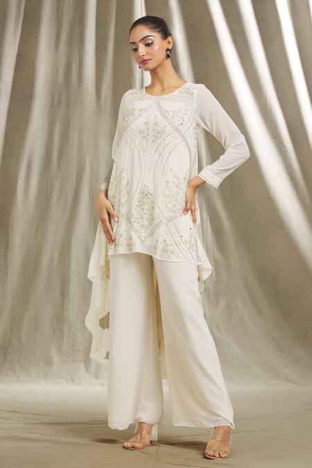 Buy_Shivani Awasty_Ivory Georgette Sequins, Cut Work, Embroidered Asymmetric Tunic And Pant Set _Online_at_Aza_Fashions