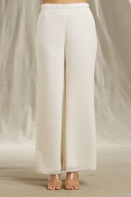 Shop_Shivani Awasty_Ivory Georgette Sequins, Cut Work, Embroidered Asymmetric Tunic And Pant Set _Online_at_Aza_Fashions