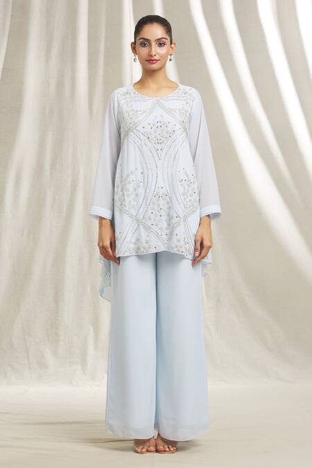 Buy Shivani Awasty Blue Georgette Sequins, Cut Work, Stones Asymmetric Embroidered Tunic And Pant Set Online at Aza Fashions Buy_Shivani Awasty_Blue Georgette Sequins, Cut Work, Stones Asymmetric Embroidered Tunic And Pant Set _Online_at_Aza_Fashions