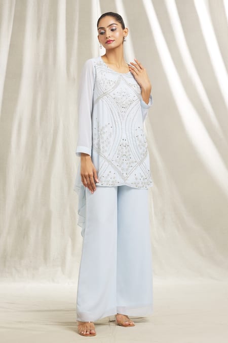 Shop Shivani Awasty Blue Georgette Sequins, Cut Work, Stones Asymmetric Embroidered Tunic And Pant Set Online at Aza Fashions Shop_Shivani Awasty_Blue Georgette Sequins, Cut Work, Stones Asymmetric Embroidered Tunic And Pant Set _Online_at_Aza_Fashions