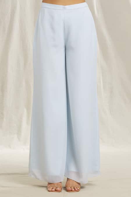 Shivani Awasty Blue Georgette Sequins, Cut Work, Stones Asymmetric Embroidered Tunic And Pant Set at Aza Fashions Shivani Awasty_Blue Georgette Sequins, Cut Work, Stones Asymmetric Embroidered Tunic And Pant Set _at_Aza_Fashions