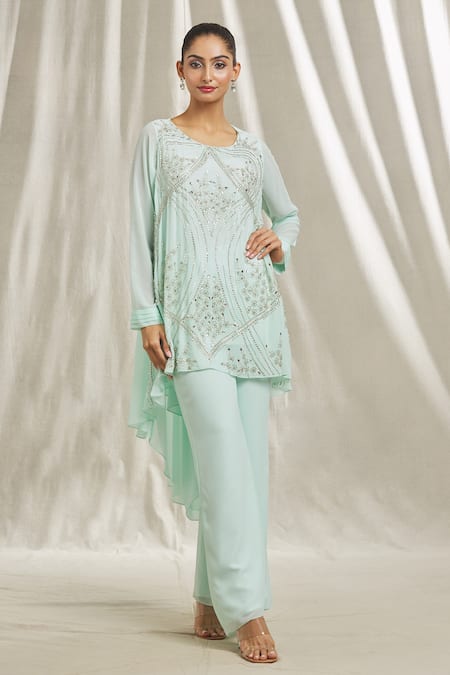 Shivani Awasty Green Georgette Hand Embroidered Cut Dana Sequin Tunic And Pant Set 