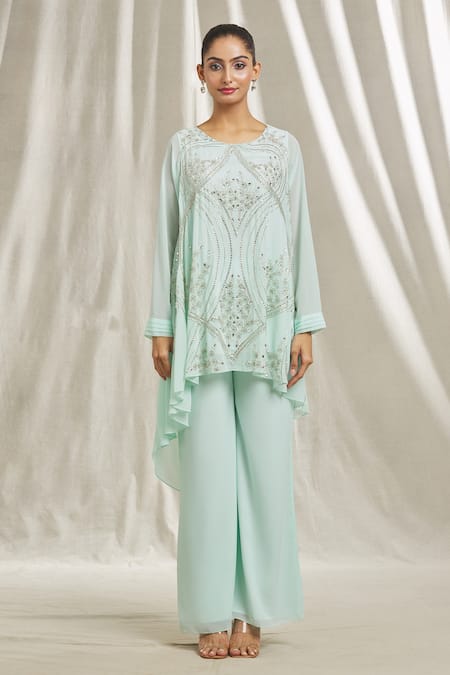 Buy_Shivani Awasty_Green Georgette Sequins, Cut Work, Stones Round Embroidered Tunic And Pant Set _Online_at_Aza_Fashions