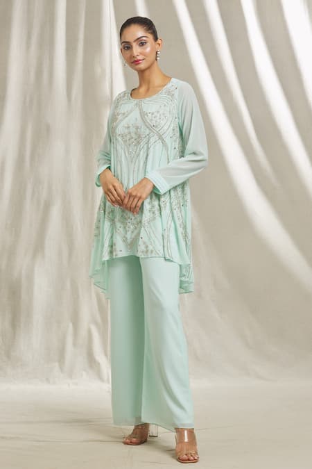 Shop_Shivani Awasty_Green Georgette Sequins, Cut Work, Stones Round Embroidered Tunic And Pant Set _Online_at_Aza_Fashions