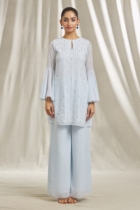 Buy_Shivani Awasty_Blue Georgette Pearls, Sequins, Cut Work Keyhole Neck Dana And Embroidered Tunic _Online_at_Aza_Fashions