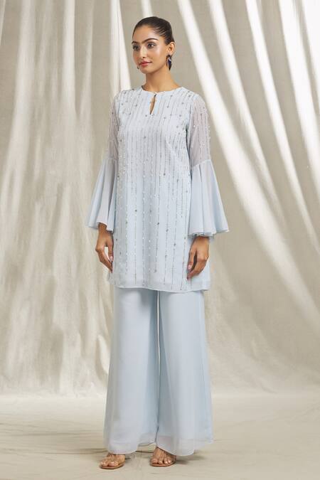 Shop_Shivani Awasty_Blue Georgette Pearls, Sequins, Cut Work Keyhole Neck Dana And Embroidered Tunic _Online_at_Aza_Fashions