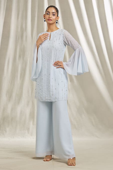 Shivani Awasty_Blue Georgette Pearls, Sequins, Cut Work Keyhole Neck Dana And Embroidered Tunic _at_Aza_Fashions