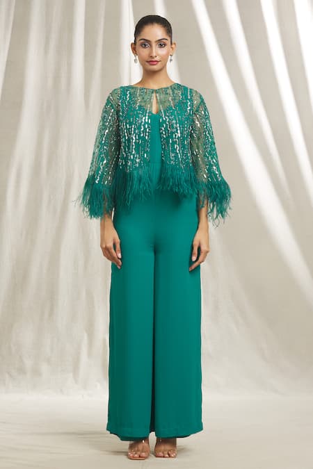 Buy_Shivani Awasty_Green Tulle, Crepe Sequins, Feathers, Beads, Cut Embroidered Cape And Jumpsuit Set _Online_at_Aza_Fashions