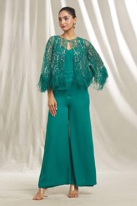 Shop_Shivani Awasty_Green Tulle, Crepe Sequins, Feathers, Beads, Cut Embroidered Cape And Jumpsuit Set _Online_at_Aza_Fashions