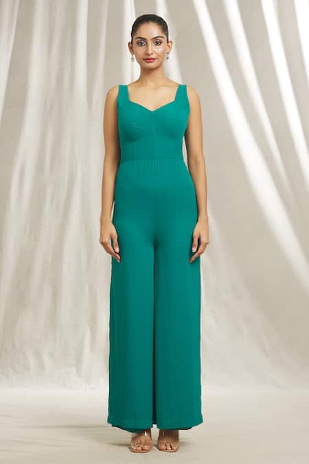 Shivani Awasty_Green Tulle, Crepe Sequins, Feathers, Beads, Cut Embroidered Cape And Jumpsuit Set _at_Aza_Fashions