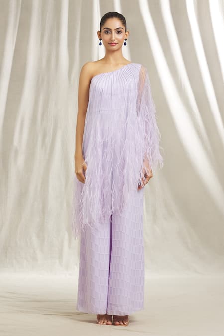 Buy Shivani Awasty Purple Tulle, Georgette Beads, Feathers One Shoulder Embroidered Jumpsuit Online at Aza Fashions Buy_Shivani Awasty_Purple Tulle, Georgette Beads, Feathers One Shoulder Embroidered Jumpsuit _Online_at_Aza_Fashions