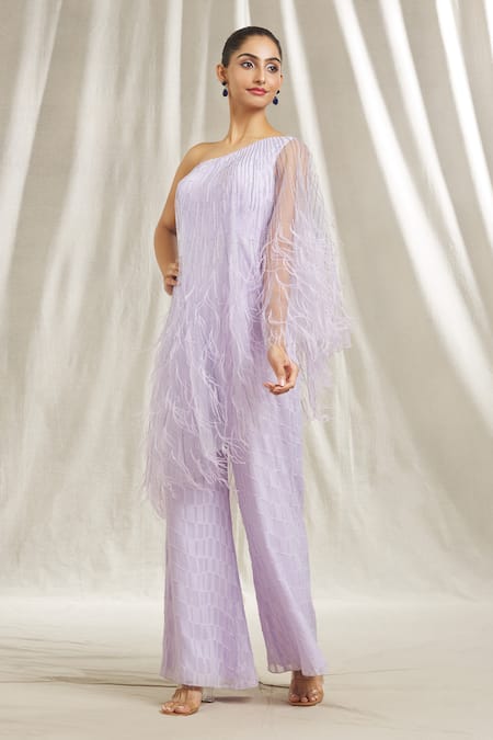 Shop Shivani Awasty Purple Tulle, Georgette Beads, Feathers One Shoulder Embroidered Jumpsuit Online at Aza Fashions Shop_Shivani Awasty_Purple Tulle, Georgette Beads, Feathers One Shoulder Embroidered Jumpsuit _Online_at_Aza_Fashions